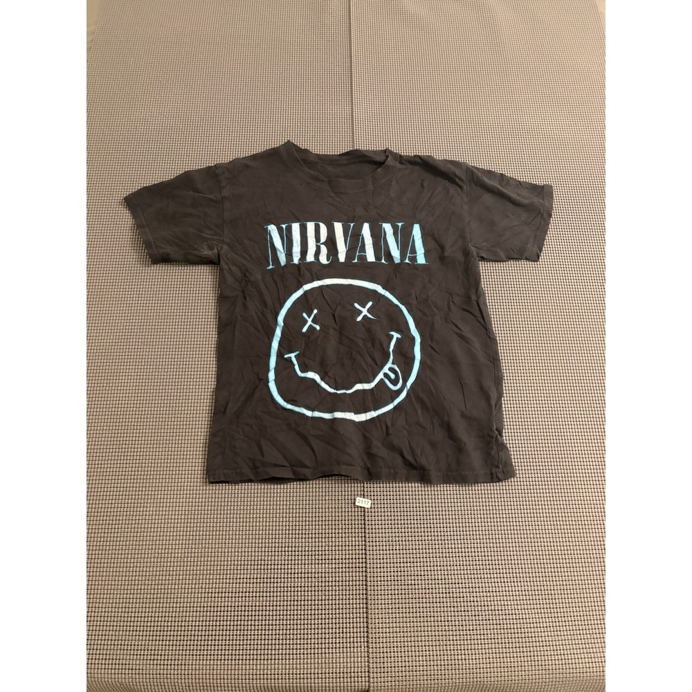 Nirvana Smiley Face Graphic T-Shirt Black Blue Youth XL Short Sleeve Tee